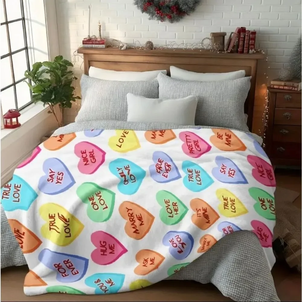 NWT Valentines Candy Hearts Digital Print Polyester Knit Blanket Throw 40